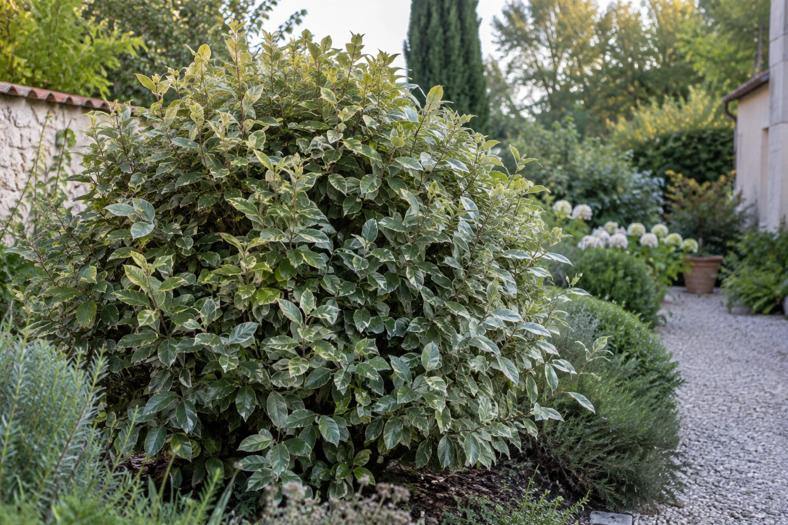 Buisson persistant dense à feuillage panaché dans jardin gravillonné et plantes voisines