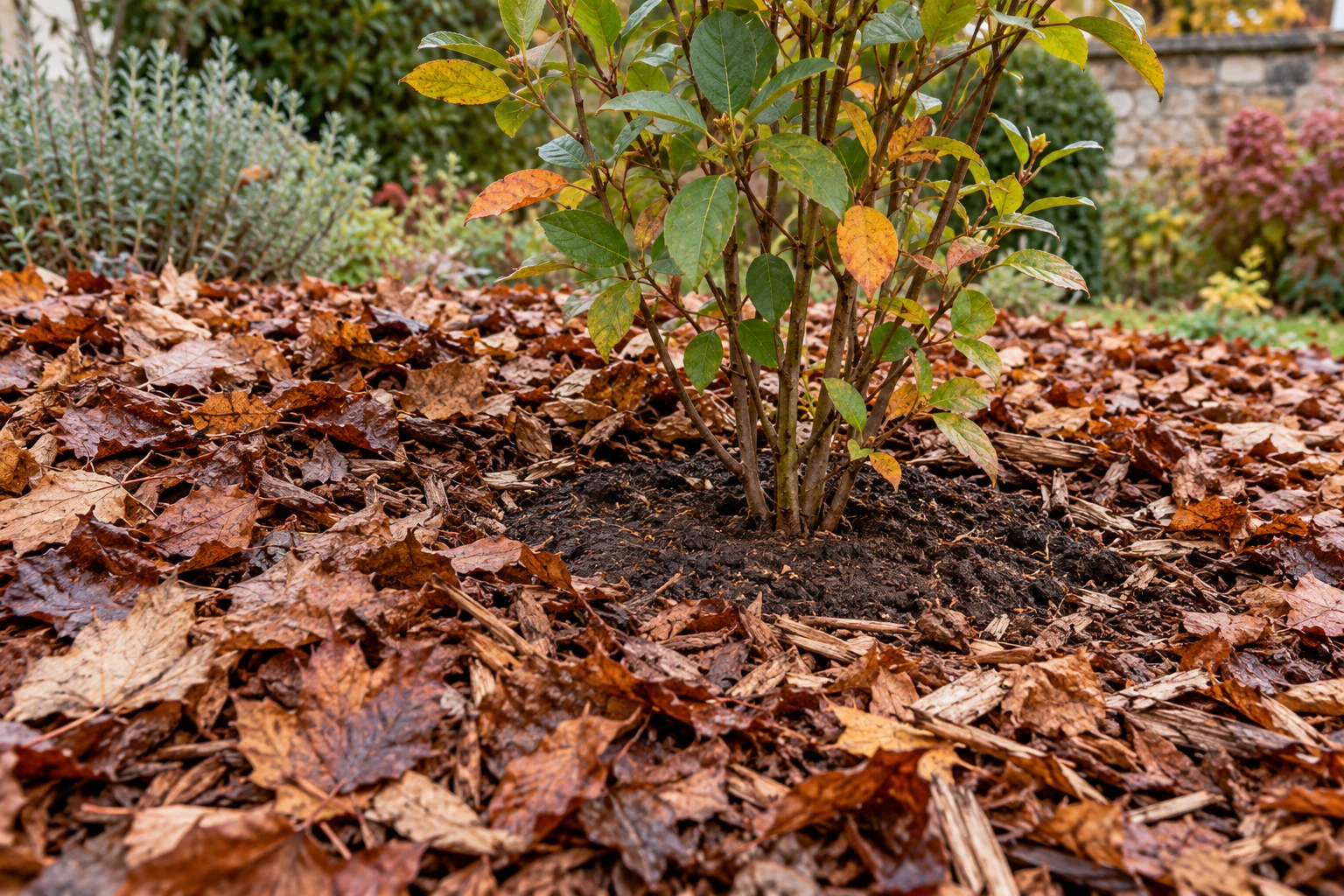 Buisson au centre entouré de paillis de feuilles mortes brunes et sol visible