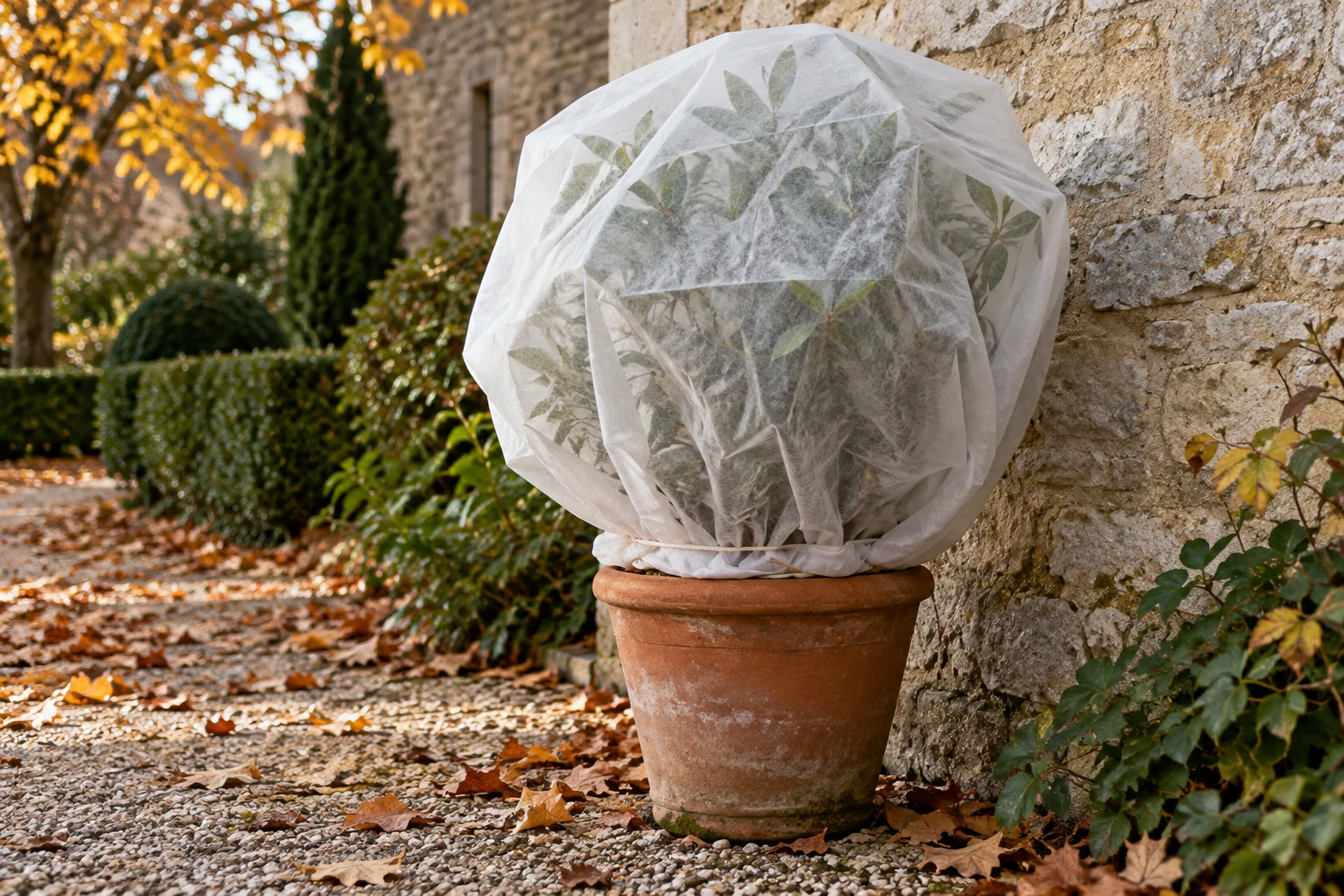 Arbuste en pot près d’un mur enveloppé d’une voile de protection antigel, feuilles visibles